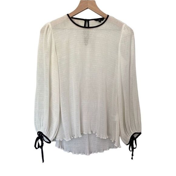 Cue 8 Medium White Chiffon Semi Sheer Blouse Black Trim Tied Sleeve Crew - Picture 1 of 10
